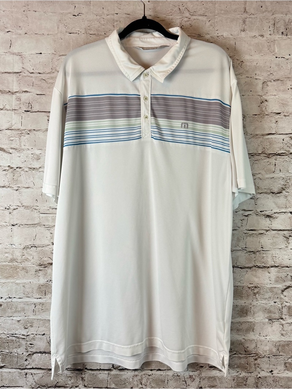 Travis Mathew Men's XXL Short Sleeve Polo Shirt Golf White Blue Grey Stripe